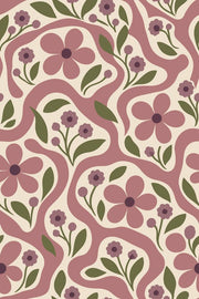 Pink Floral Wallpaper With Wavy Stripes On Cream Background design