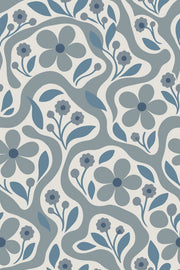 Stylized Blue Flowers Wallpaper Wavy Botanical Pattern On Ivory design