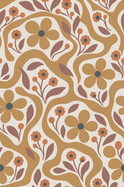 Retro Flowers Wallpaper In Cream And Mustard With Wavy Botanical Stripes design