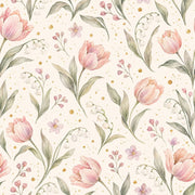 Pink Tulips Wallpaper Watercolor Floral On Ivory With Gold Dots design