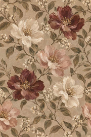 Burgundy Rose Blossoms Wallpaper Vintage Inspired Botanical Beige Background design
