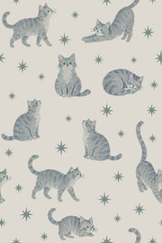 Watercolor Tabby Cats Wallpaper Starburst Motif On Cream design