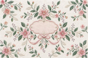 Embroidered Pink Flowers Wallpaper Mural Cream Vintage Inspired Frame design