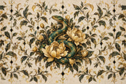 Coiled Snake Wallpaper Mural In Emerald And Gold Ornate Damask design