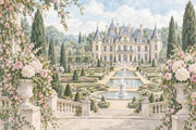 French Chateau Garden Wallpaper Mural Watercolor Pastel With Fountains design