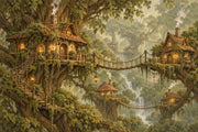 Enchanted Treehouse Village Wallpaper Mural, Warm Lantern Forest Illustration design
