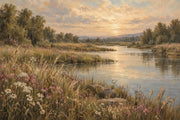 Sunset Riverside Landscape Wallpaper Mural Vintage Inspired Oil Painting Style design