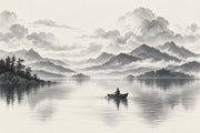 Rowboat On Misty Mountain Lake Wallpaper Mural, Monochrome Engraving Style design