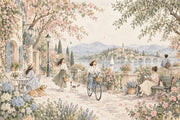 Mediterranean Terrace Scene Wallpaper Mural Pastel Watercolor, Sailboats And Floral Garden design