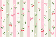 Pastel Stripes With Flowers Cherries And Bows Wallpaper Mural Pink And Sage design
