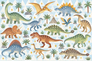 Cute Watercolor Dinosaurs Wallpaper Mural Pastel Blue Geometric Triangles design