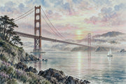Golden Gate Bridge Wallpaper Mural Watercolor: Pastel Sunset Bay design