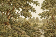 Vintage Inspired Woodland Stream And Birds Wallpaper Mural In Olive Green design