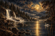 Moonlit Waterfall And Swan Wallpaper Mural Dark Blue Gold Landscape design