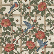 Wild Rose And Songbird Wallpaper Muted Green Vines On Cream Trellis design
