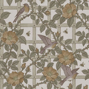 Rose Vines And Birds Wallpaper Trellis Pattern In Cream And Sage Green design
