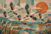 Flying Cranes Wallpaper Mural In Pastel Geometric Wetland With Orange Sun design