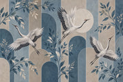 Flying White Cranes Wallpaper Mural Muted Blue Chinoiserie Arches design