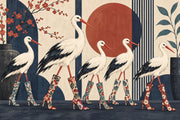 Storks In Floral Boots Wallpaper Mural, Japanese Inspired Navy And Terracotta design