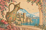 Ornate Ewer And Pomegranates Wallpaper Mural, Vintage Inspired Coastal Cityscape design
