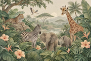 Tropical Safari Animals Wallpaper Mural Vintage Inspired Botanical Green Landscape design