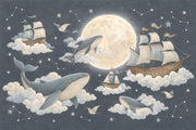 Moonlit Flying Whales And Sailing Ships Wallpaper Mural Watercolor Night Sky design
