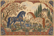 Ornate Horses In A Persian Garden Wallpaper Mural, Navy And Burgundy Vintage Inspired Manuscript Style design
