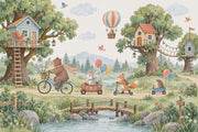 Woodland Treehouse Animals Wallpaper Mural Watercolor Pastels, Hot Air Balloon design