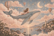 Flying Whale And Girl Wallpaper Mural Pastel Watercolor Fantasy design
