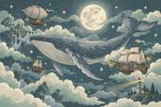Flying Whale Wallpaper Mural In Teal Night Sky, Moonlit Fantasy design