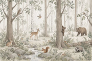 Watercolor Woodland Animals Wallpaper Mural Soft Sage Green Forest design