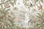 Tropical Jungle Animals Wallpaper Mural Watercolor: Soft Green Waterfalls design