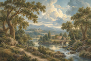 River And Stone Bridge Countryside Wallpaper Mural Vintage Inspired Landscape design