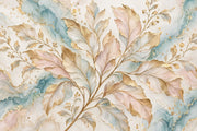 Gold Leaf Branches Wallpaper Mural In Pastel Watercolor Marble design
