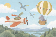 Dinosaur Airplane And Hot Air Balloon Wallpaper Mural Pastel Watercolor Sky design