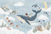 Whale And Child Fantasy Ocean Wallpaper Mural Watercolor Pastel Blue design