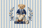 Preppy Teddy Bear Wallpaper Mural Blue Striped Embroidered Look design