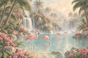 Pink Flamingos Lagoon Wallpaper Mural Pastel Tropical Waterfall Scene design