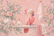 Pink Parrot In Floral Shower Cap Wallpaper Mural Pastel Watercolor Bathroom design