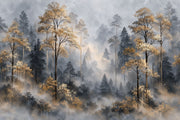 Misty Forest Wallpaper Mural Gray And Gold Watercolor Trees design