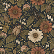 Vintage Inspired Daisy Floral Wallpaper Dark Charcoal With Muted Green Leaves design