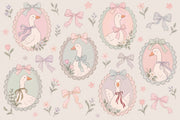 Bow Tied Geese Wallpaper Mural Cream Pastel Vintage Inspired Cameo Frames design