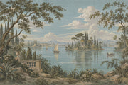 Italian Lake Sailboats Wallpaper Mural Vintage Inspired Pastel Temple View design