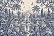 Peacocks In A Fountain Garden Wallpaper Mural, Blue Toile Chinoiserie design
