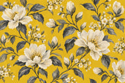 Cream White Blossoms Wallpaper Mural Mustard Yellow Vintage Inspired Botanical design