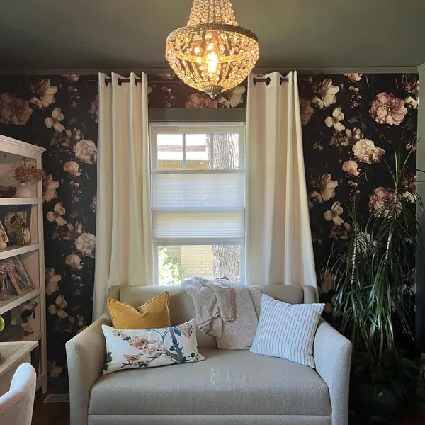 Moody Black and Cream Rose Floral Wallpaper in Adrienne P.'s home