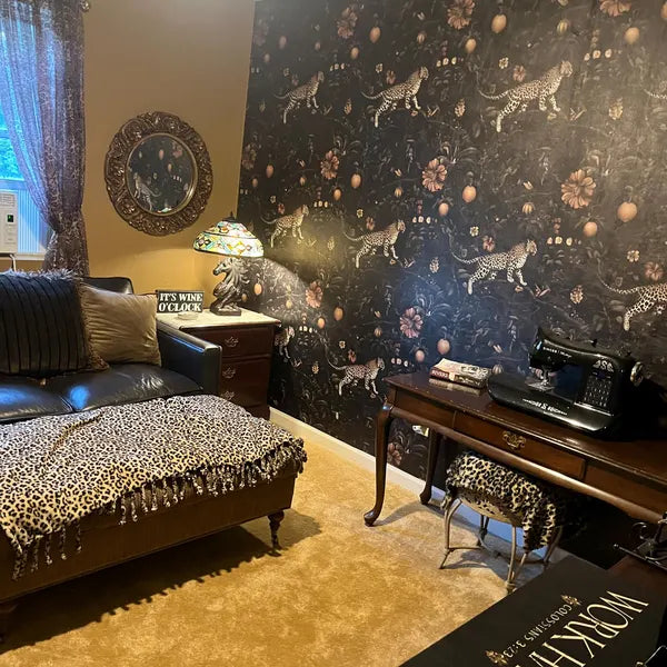 Dark Jungle Leopard Botanical Wallpaper in Alissia's home