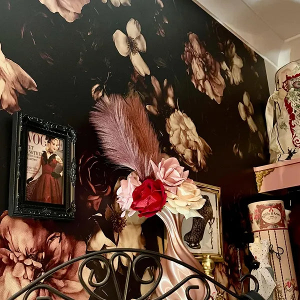 Moody Black and Cream Rose Floral Wallpaper in Kristella's home