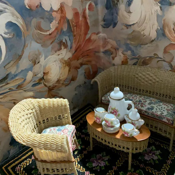 Vintage Blue and Cream Large Floral Wallpaper in Karen's home