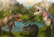 Vibrant Green Dinosaur Jungle Wall Mural design